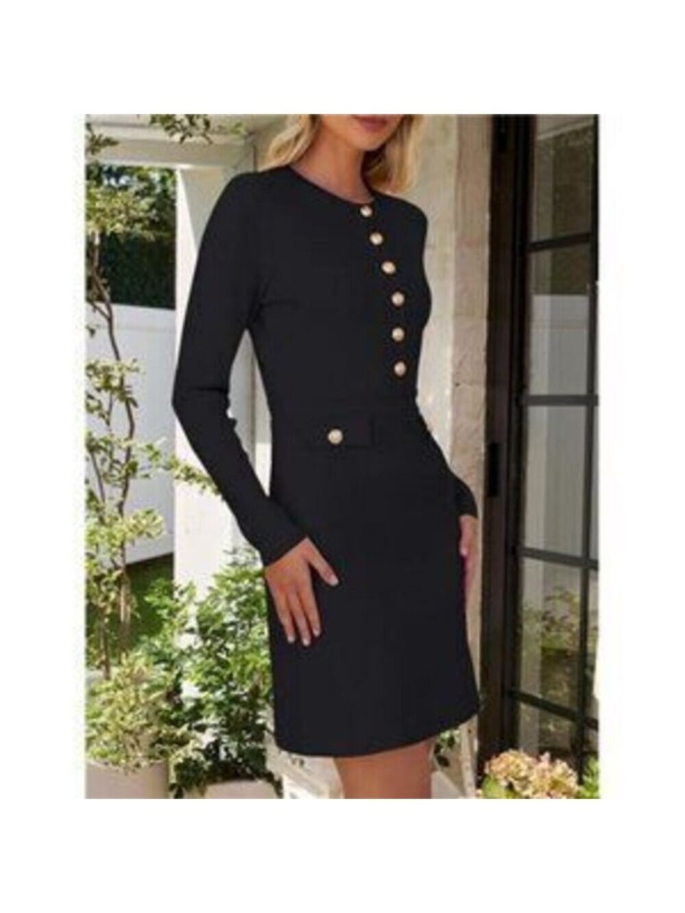 Women's Crew Neck Bodycon Sweater Dress Long Sleeve Button Mini Dress - Picture 3 of 4